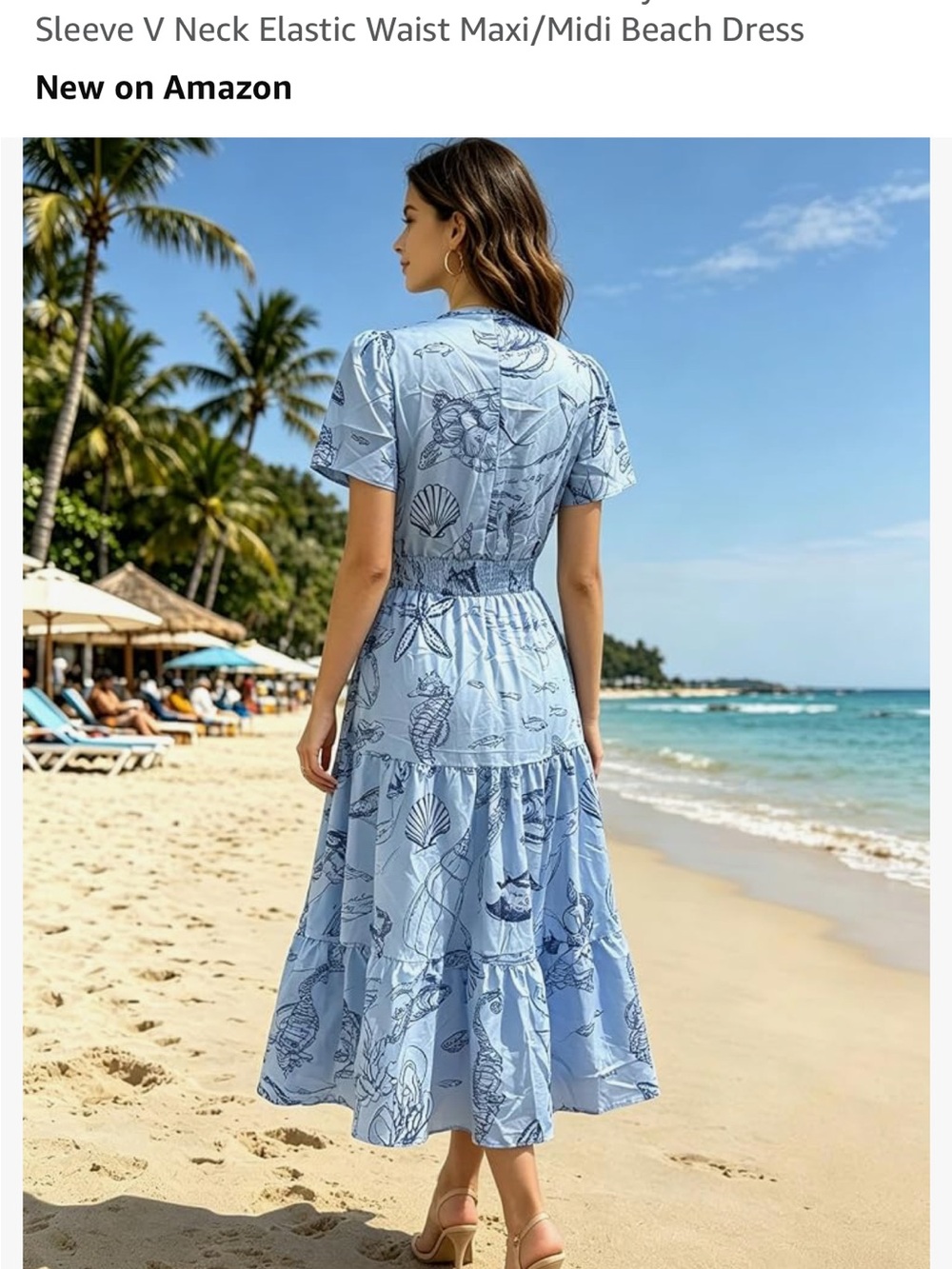 Light Blue Shell-Print Midi Dress with Elastic Waistband
